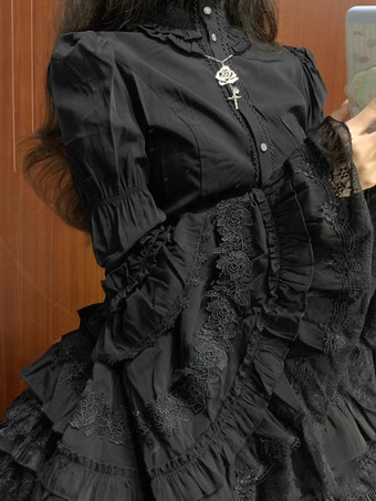 ゴシックロリータブラウス ブラック 長袖 ロリータトップス フリル レース ロリータシャツ