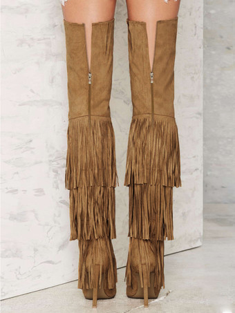 レディース スエード オーバーニーブーツ ポインテッドトゥ ハイヒール サイハイブーツ タッセル付き