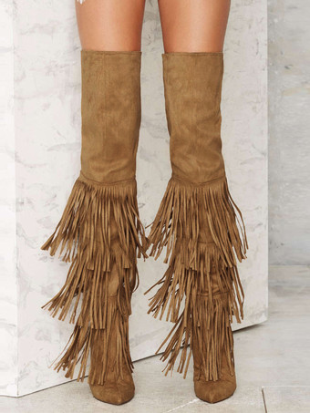 レディース スエード オーバーニーブーツ ポインテッドトゥ ハイヒール サイハイブーツ タッセル付き