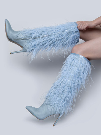 ブラックニーハイブーツ レディース フェザーディテール スティレットヒール ニーレングスブーツ