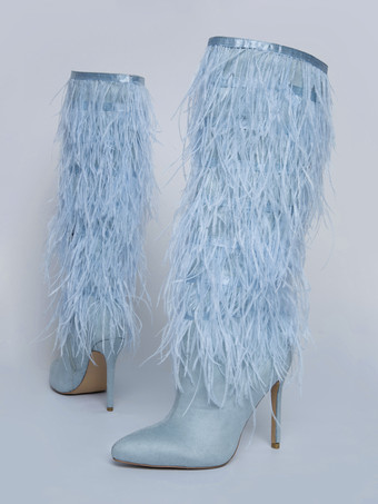 ブラックニーハイブーツ レディース フェザーディテール スティレットヒール ニーレングスブーツ