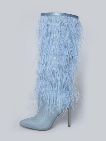 ライトスカイブルーブラックニーハイブーツ レディース フェザーディテール スティレットヒール ニーレングスブーツ
