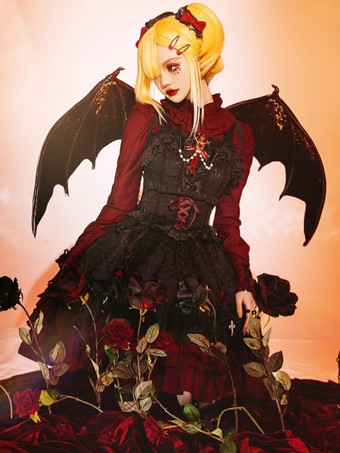   ゴシック ロリータ サスペンダードレス フリル レース ジャカード カラーブロック レッド ブラック