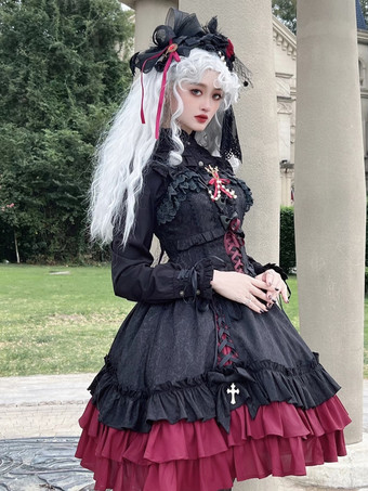   ゴシック ロリータ サスペンダードレス フリル レース ジャカード カラーブロック レッド ブラック