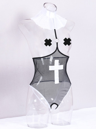 女性用セクシーな修道女コスチューム メッシュ透明ロールプレイセット