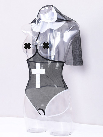 女性用セクシーな修道女コスチューム メッシュ透明ロールプレイセット