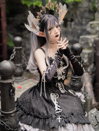   ゴシック ロリータ サスペンダードレス フリル レース ジャカード カラーブロック レッド ブラック