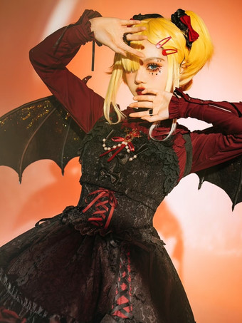   ゴシック ロリータ サスペンダードレス フリル レース ジャカード カラーブロック レッド ブラック