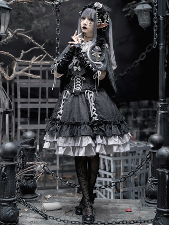   ゴシック ロリータ サスペンダードレス フリル レース ジャカード カラーブロック レッド ブラック