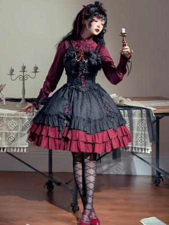   ゴシック ロリータ サスペンダードレス フリル レース ジャカード カラーブロック レッド ブラック