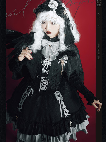   ゴシック ロリータ サスペンダードレス フリル レース ジャカード カラーブロック レッド ブラック