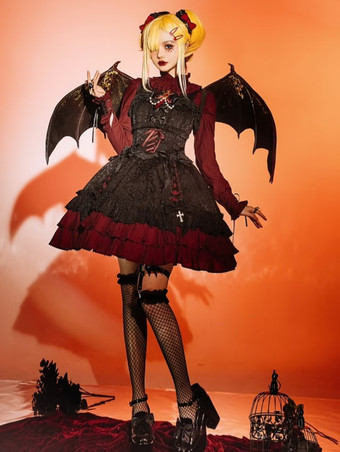   ゴシック ロリータ サスペンダードレス フリル レース ジャカード カラーブロック レッド ブラック