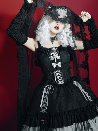 グレイ  ゴシック ロリータ サスペンダードレス フリル レース ジャカード カラーブロック レッド ブラック