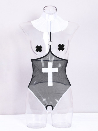 女性用セクシーな修道女コスチューム メッシュ透明ロールプレイセット