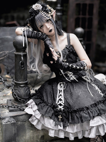   ゴシック ロリータ サスペンダードレス フリル レース ジャカード カラーブロック レッド ブラック