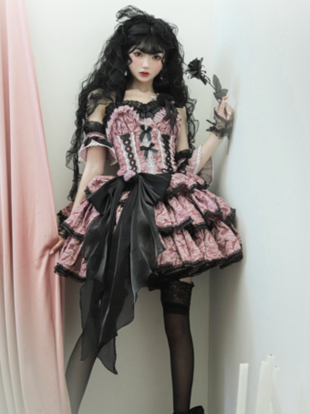ゴシックロリータドレス 花 フリル 花柄 ピンク ピンク