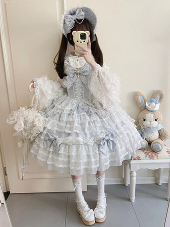 ライトスカイブルースイートロリータドレスポリエステルノースリーブジャンパーロリータドレス