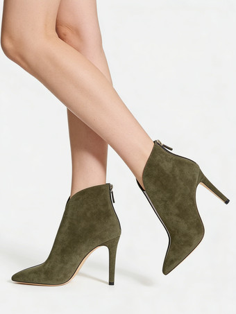 ショートブーツ ポインテッドトゥ ダークグリーン ブーティ レディースブーツ ピンヒール 12cm 靴の甲の素材：PVC ジッパー パッチワーク柄 アウトドア レディース靴 シューズ