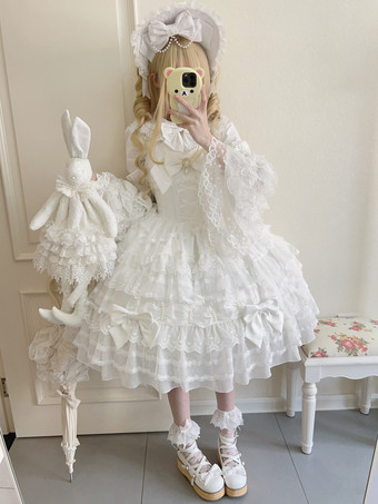 ホワイト スイートロリータドレスポリエステルノースリーブジャンパーロリータドレス