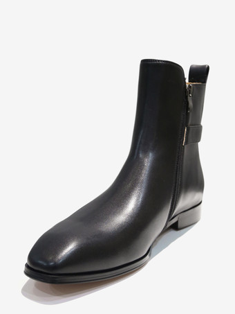 メンズ アンクルブーツ ブラック PUレザー ラウンドトゥ バックルバックストラップ ドレスチェルシーブーツ