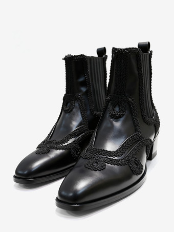 Botas Chelsea para hombre negras con punta puntiaguda y bordadas hasta el tobillo para fiesta de graduación