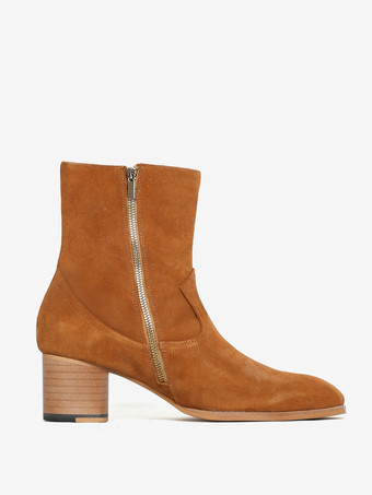 オレンジメンズブーツ チェルシーブーツ オレンジレザー スクエアトゥ アンクルショートブーツ