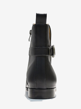 メンズ アンクルブーツ ブラック PUレザー ラウンドトゥ バックルバックストラップ ドレスチェルシーブーツ