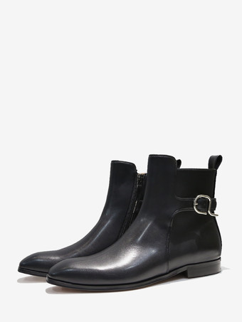 メンズ アンクルブーツ ブラック PUレザー ラウンドトゥ バックルバックストラップ ドレスチェルシーブーツ