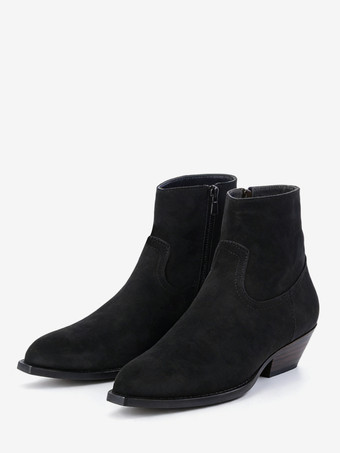 ブラック メンズ ブラック アンクルブーツ ポインテッドトゥ チャンキーヒール ブーティ