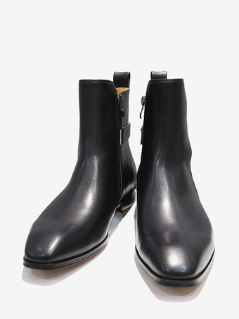 メンズ アンクルブーツ ブラック PUレザー ラウンドトゥ バックルバックストラップ ドレスチェルシーブーツ