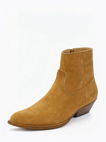 オレンジ メンズ ブラック アンクルブーツ ポインテッドトゥ チャンキーヒール ブーティ