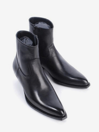 メンズ ブラック アンクルブーツ ポインテッドトゥ チャンキーヒール ブーティ