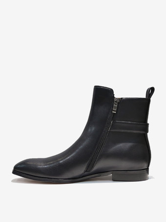 メンズ アンクルブーツ ブラック PUレザー ラウンドトゥ バックルバックストラップ ドレスチェルシーブーツ