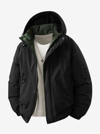 ブラック メンズ フード付きジャケット 長袖 パッチワーク 冬コート