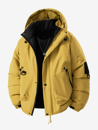 マスタードメンズ フード付きジャケット 長袖 パッチワーク 冬コート