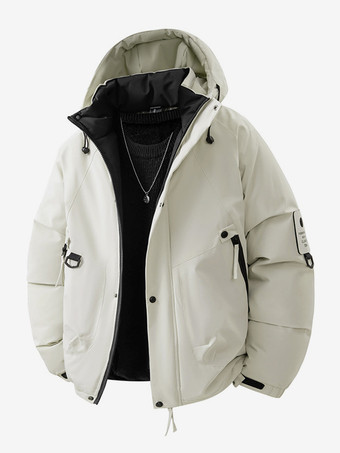 アイボリー メンズ フード付きジャケット 長袖 パッチワーク 冬コート