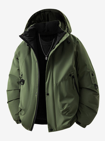 ハンターグリーン メンズ フード付きジャケット 長袖 パッチワーク 冬コート
