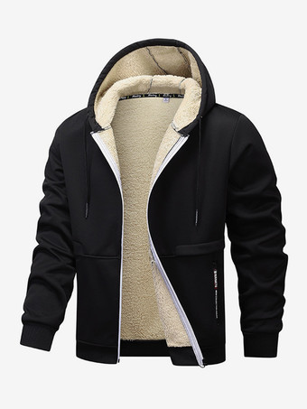 ブラック メンズ フード付きフリースジャケット 長袖 ジップ開閉 冬用コート