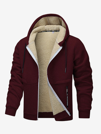 ワインレッド メンズ フード付きフリースジャケット 長袖 ジップ開閉 冬用コート