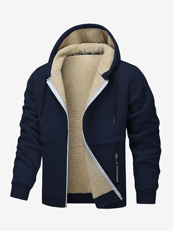 ダークネイビーメンズ フード付きフリースジャケット 長袖 ジップ開閉 冬用コート