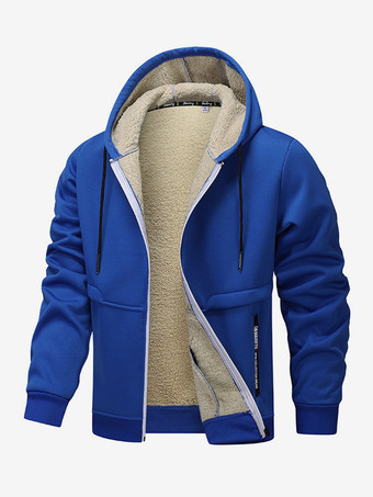 ブルー メンズ フード付きフリースジャケット 長袖 ジップ開閉 冬用コート