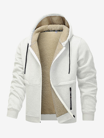 ホワイト メンズ フード付きフリースジャケット 長袖 ジップ開閉 冬用コート