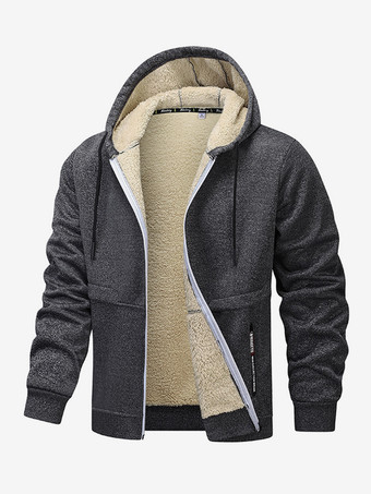 ダークグレー メンズ フード付きフリースジャケット 長袖 ジップ開閉 冬用コート