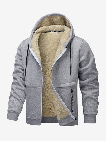 ライトグレー メンズ フード付きフリースジャケット 長袖 ジップ開閉 冬用コート