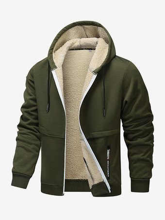 ハンターグリーン メンズ フード付きフリースジャケット 長袖 ジップ開閉 冬用コート