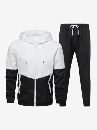 ブラック メンズ カジュアル スポーツ セット カラーブロック 長袖 フード付きジャケット＆ドローストリングパンツ
