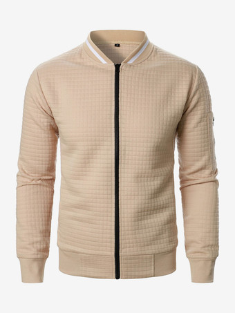 カーキ メンズ スウェットシャツ 無地 ジップアップ ジャケット スタンドカラー