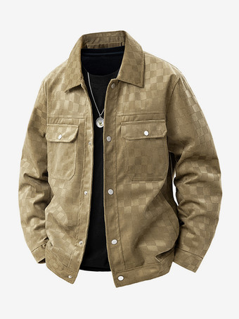 カーキ メンズジャケット スエード チェッカーボード柄 長袖 冬コート