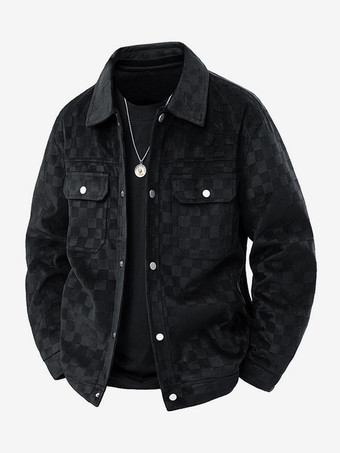 ブラック メンズジャケット スエード チェッカーボード柄 長袖 冬コート