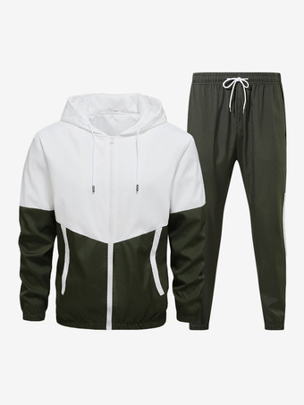 ハンターグリーン メンズ カジュアル スポーツ セット カラーブロック 長袖 フード付きジャケット＆ドローストリングパンツ